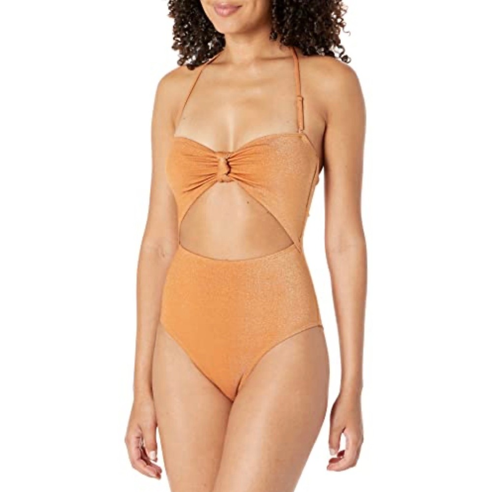 BCBG Paris Shimmer‎ Gold Cutout One Piece Swimsuit Large